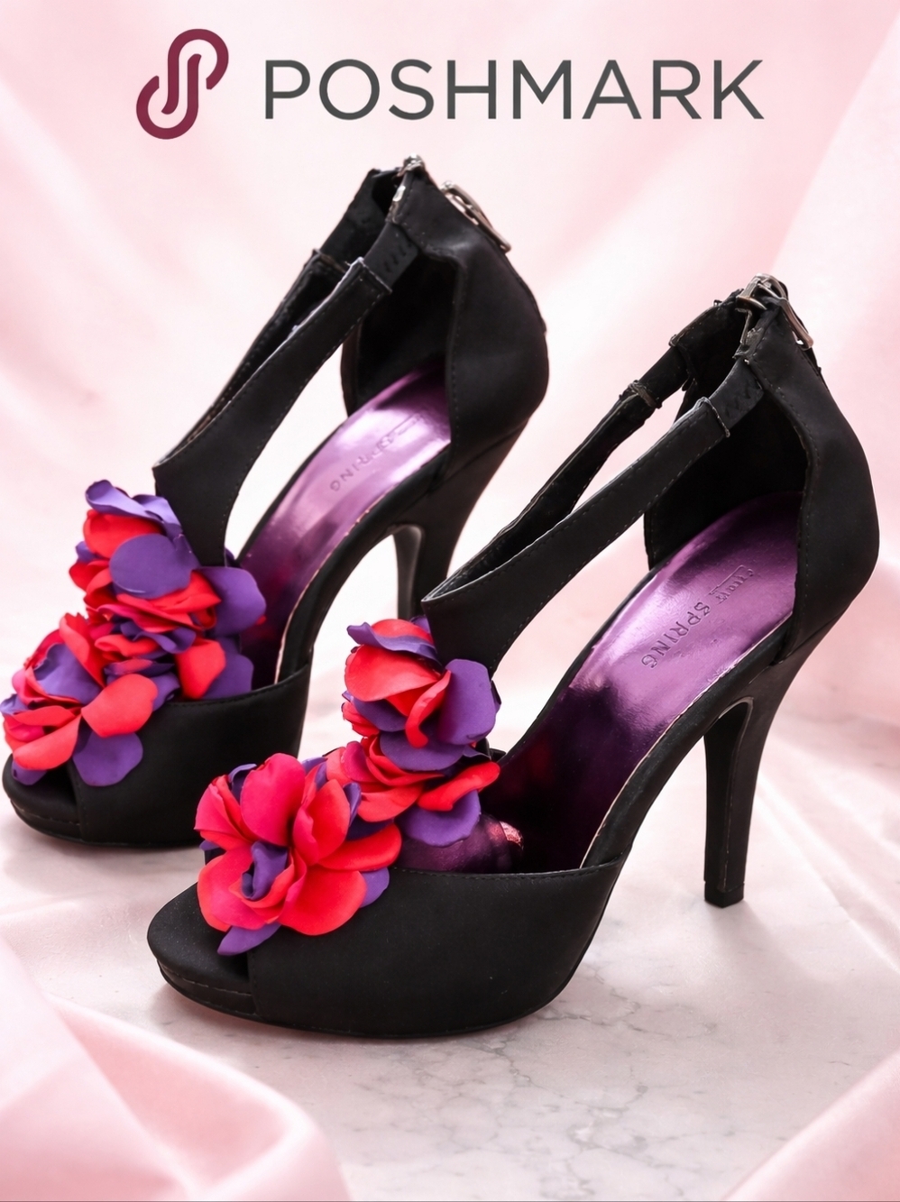 Call It Spring Black Floral Platform Heels Red Purple Peep Toe Ankle Strap Pumps
